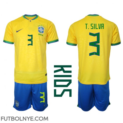 Camiseta Brasil Thiago Silva #3 Primera Equipación para niños Mundial 2022 manga corta (+ pantalones cortos)